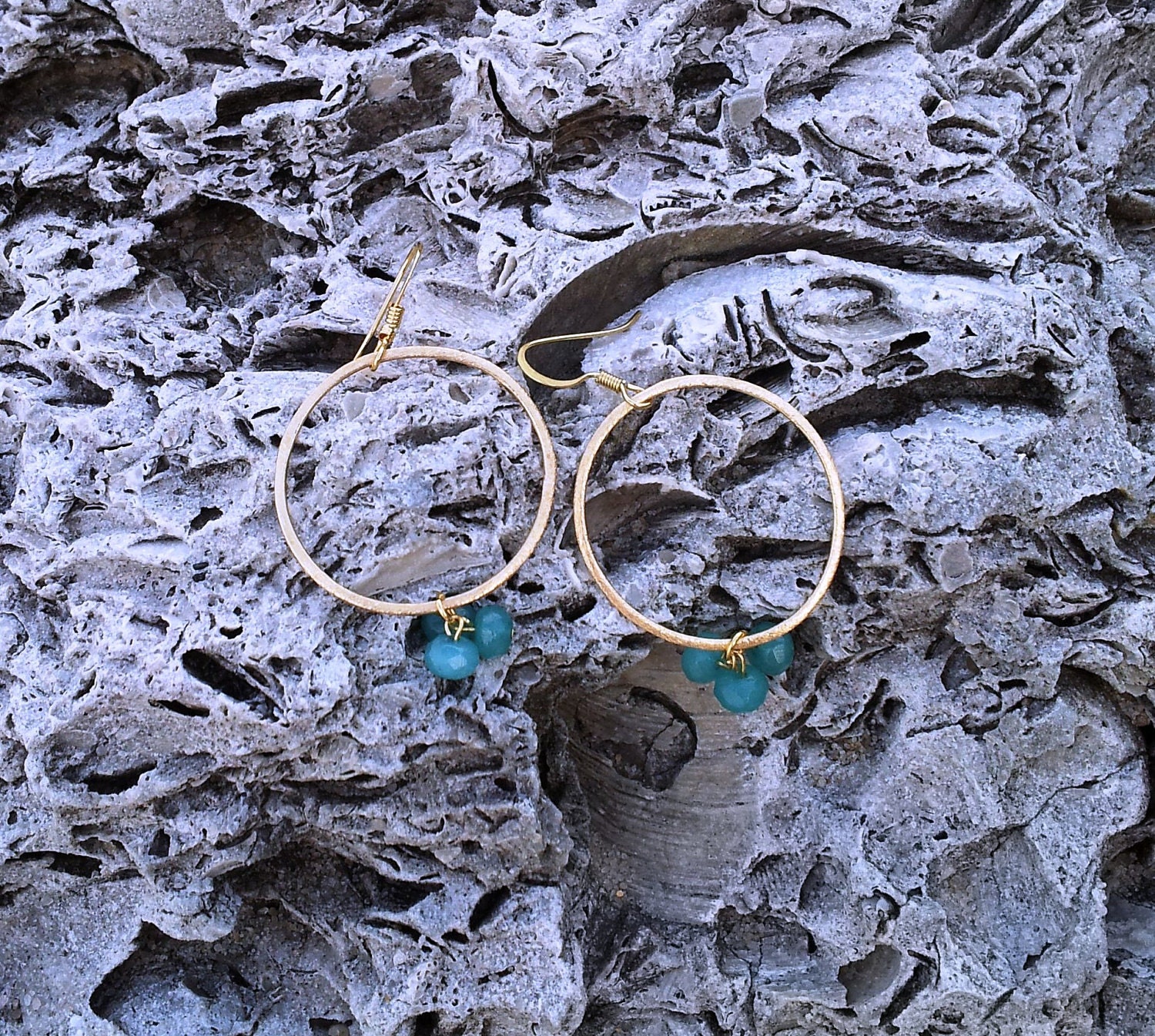 Stunning Brushed Gold Earrings with Blue/Green Dangling Stones