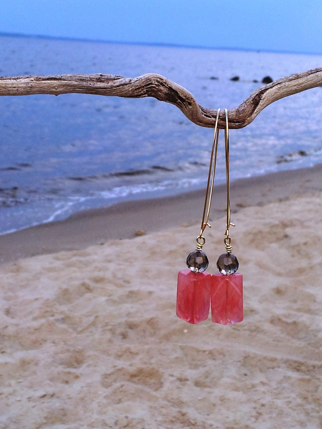 Coral quartz with Smoke Gray Crystal Earrings