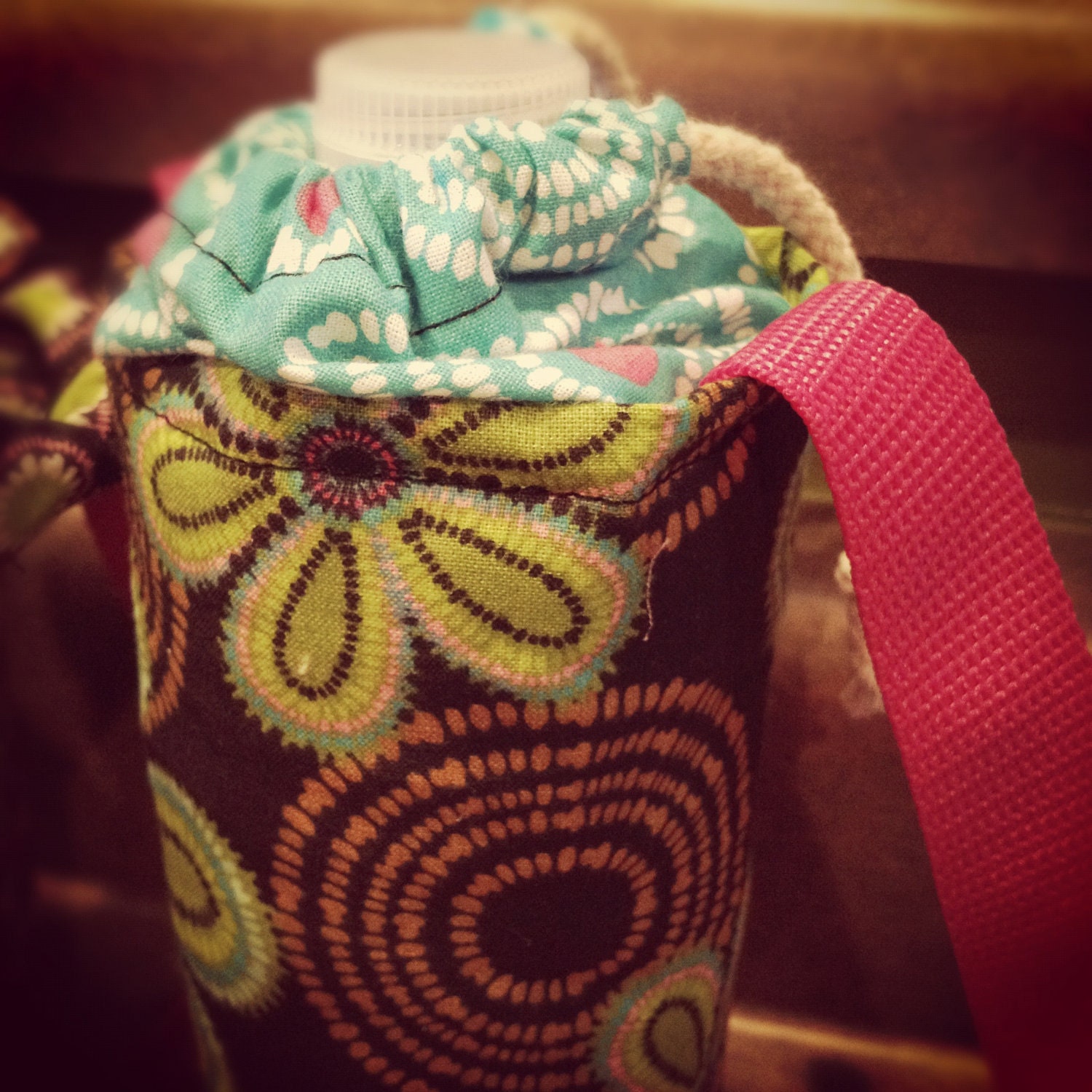 Insulated Water Bottle Carrier-Black and Teal Floral