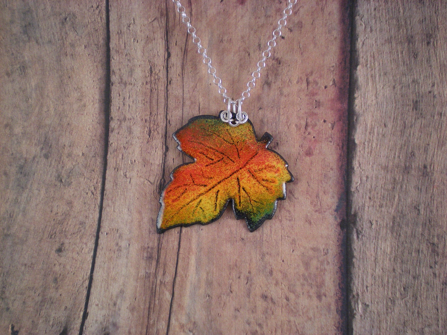 Enamel Pendant FALL LEAF with Sterling Silver - ColoredwithEnamel