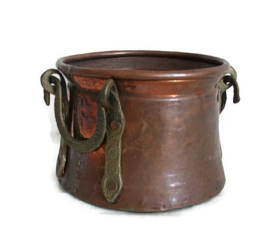 Vintage CAULDRON HAMMERED copper Ornate brass by