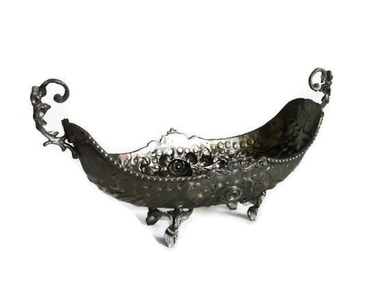 Vintage metal GONDOLA boat BOWL - German silver - Footed & ornate w handles - Banana split dessert serving dish - Dinner serveware