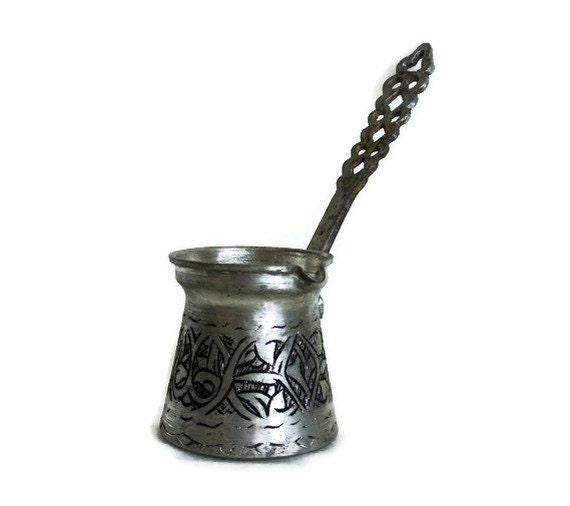 Vintage Turkish CEZVE IBRIK COFFEE pot - Hand carved & etched abstract geometric pattern - Oriental kitchenalia - Long ornate brass handle