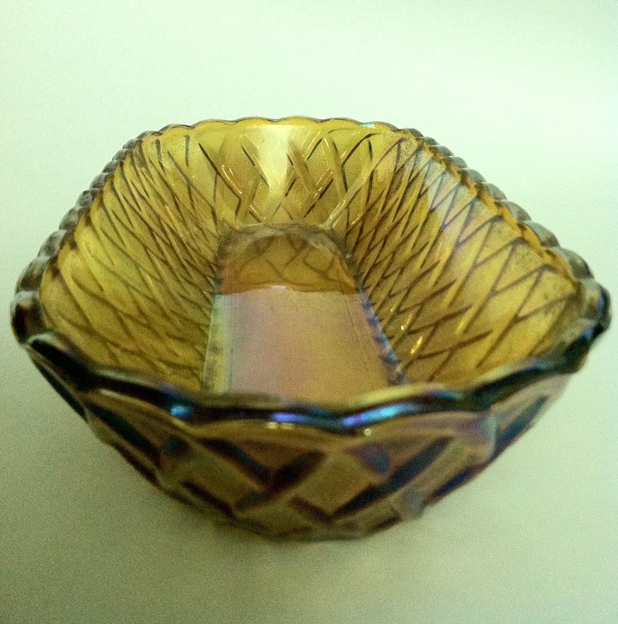 Amber Carnival Glass Serving Dish in Basket Weave Embossed 70s Etoys2013