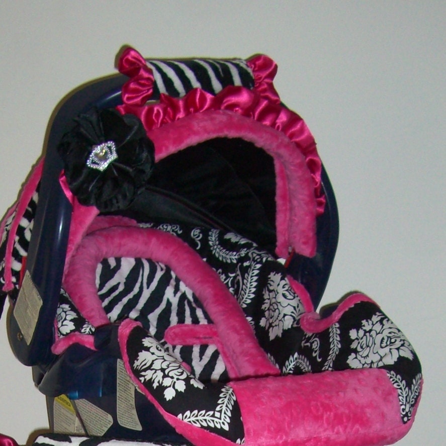 Graco 22 snugride  fitted replacement Car seat cover  with zebra, black white cotton damask and hot pink minky