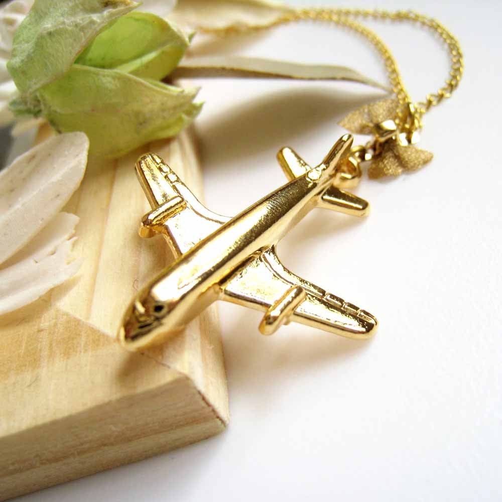 My Flight Gold Airplane Aircraft Pendant Necklace by zazastory