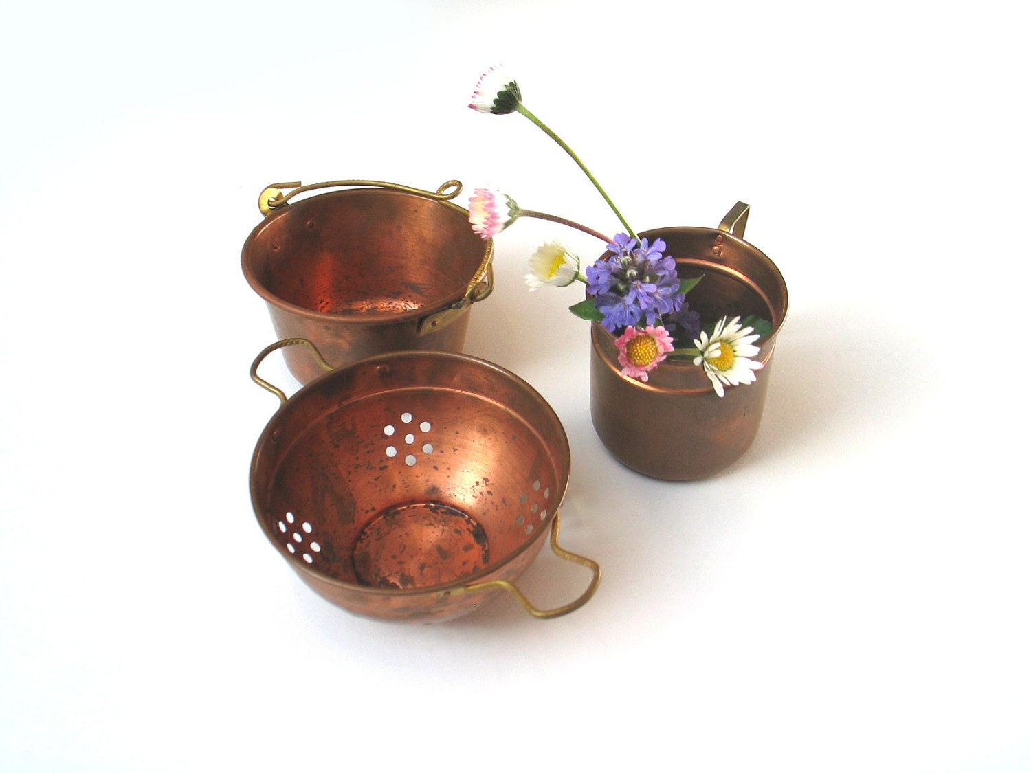 Reserved for Vickie - Set of vintage miniature of copper and brass kitchen wares - colander, milk kettle, maize cooking pot - 1960s - mini