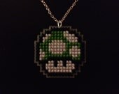 Mario Green 1-up Mushroom - Cross Stitch Necklace on silver chain