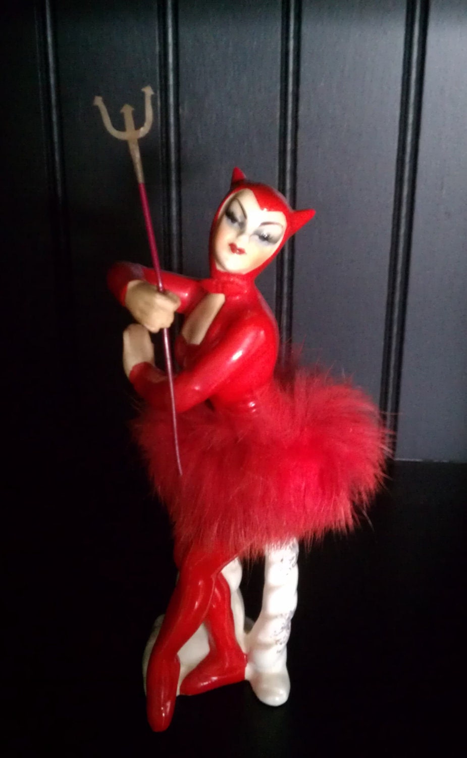 HARD TO FIND Vintage Halloween Devil Pin Up Style Woman/Lady Ballerina/Dancer with Red Tutu Holding Pitch Fork