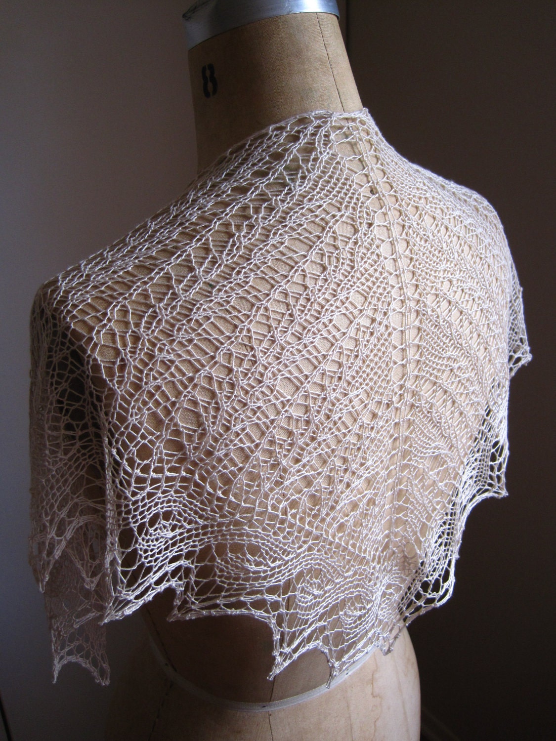 Bamboo Wave Border White/Natural Handknit Lace Scarf