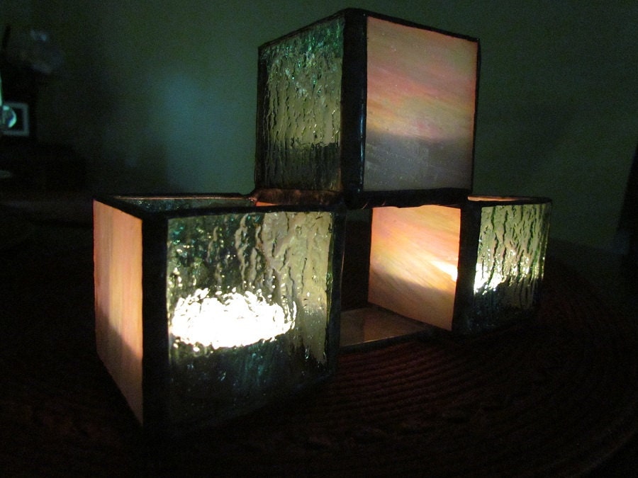 Tea-Light Holder, 3-tier, irredescent glass & Green Cathedral Glass, TREASURY ITEM