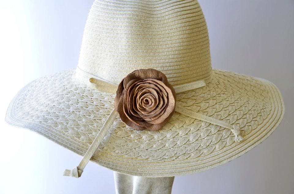 SPRING SALE 30% Off -Handmade Special Gold Tinsel Peach Leather Rose Brooch . Leather Jewelry. Autumn Color