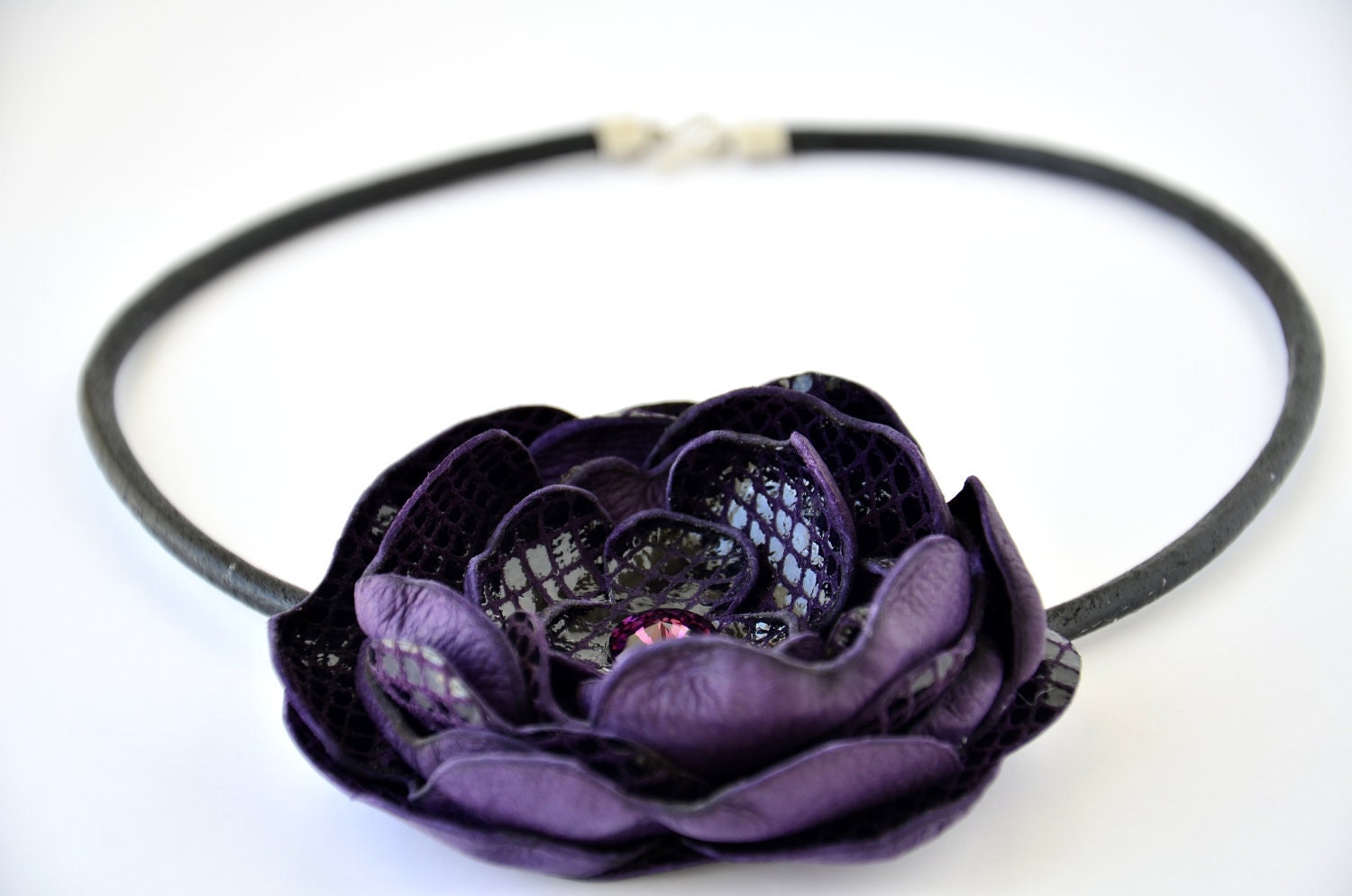 Handmade Purple Black Lozenge Pattern Leather Flower Strap Necklace with Black Purple Swarovski Crystal