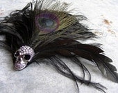 ROXY - Black Feather Headdress Fascinator Rhinestone Skull - Halloween Mad Max Steampunk clip hair accessory burning man, festival wear