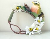 Put a Bird on It - Bun Belt, woodland flower crown for your hair bun, green bird and spring daisies