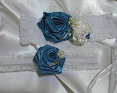 SALE- Blue Roses with Pearls, Sequins, and Fishnet Tulle Garter Set
