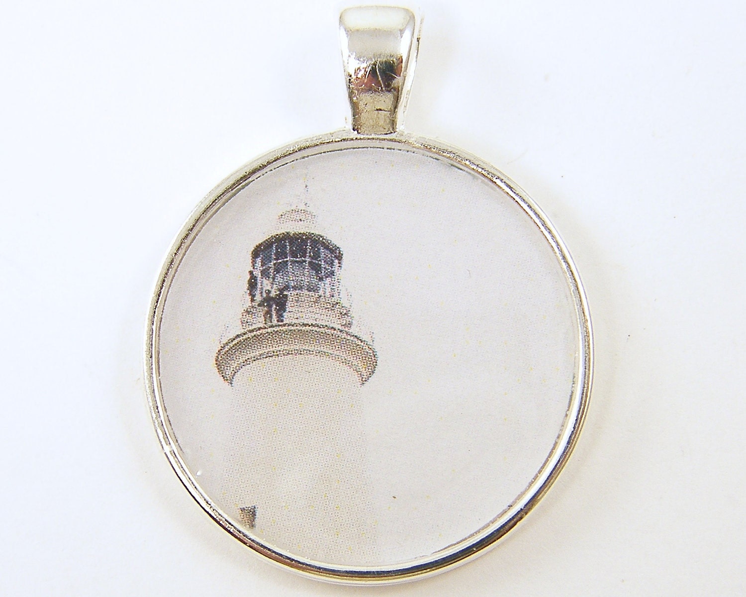 Lighthouse Pendant - White Silver Circle Resin Photography Pendant - BeautifulByCharlene