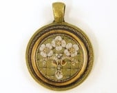 Jewel Pendant - Green Brown Vintage Flower Brooch Brass Round Photo Pendant - BeautifulByCharlene