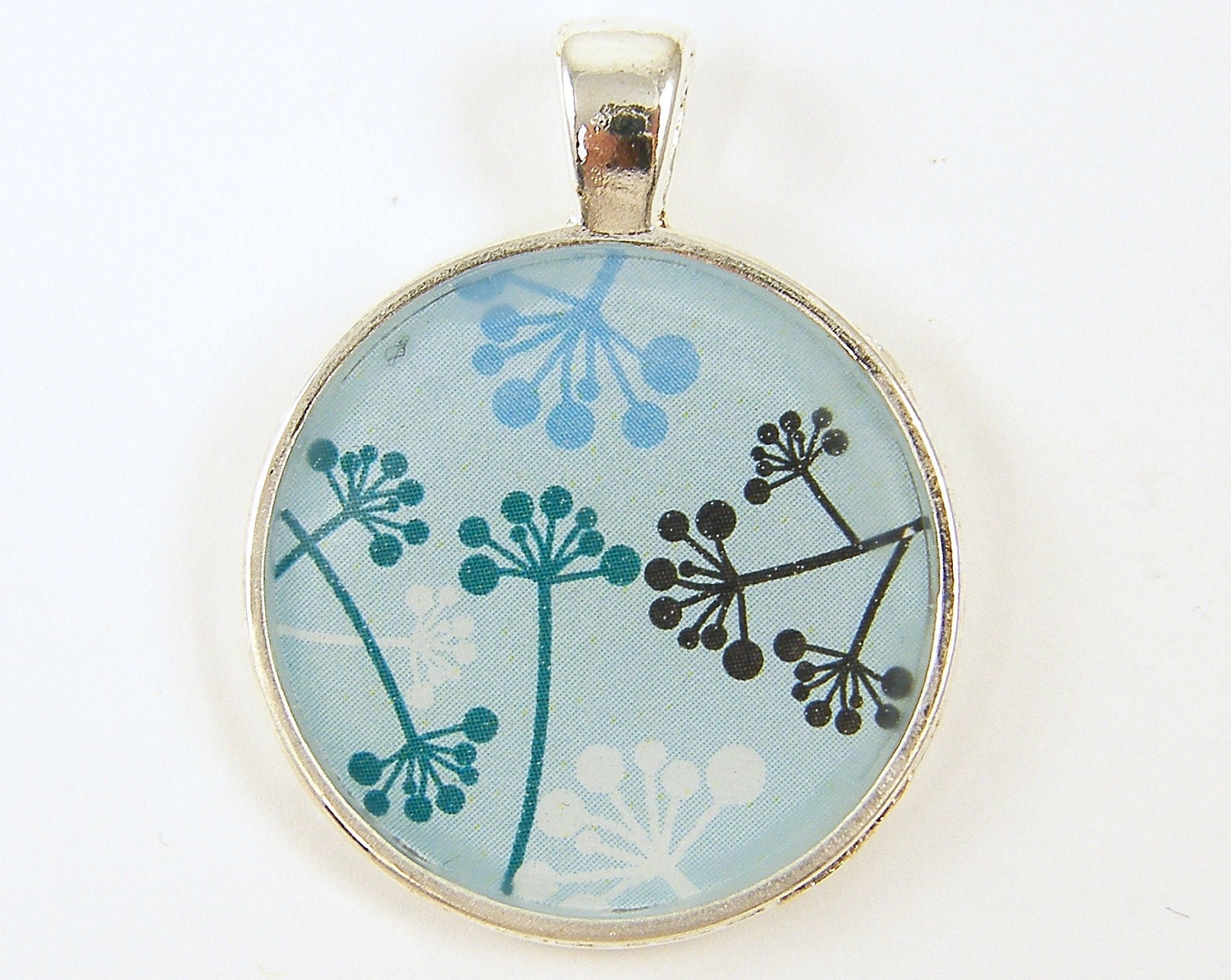 Plant Pendant - Seed Head Pod Botanical Light Blue Round Silver Resin Jewelry