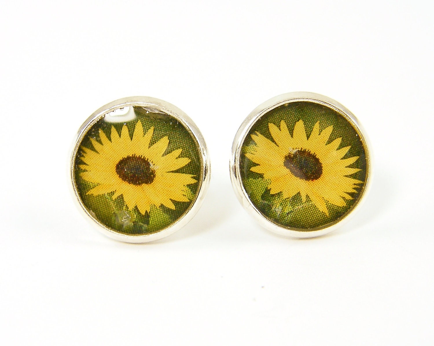 Sunflower Post Earrings - Yellow Brown Green Nature Round Stud