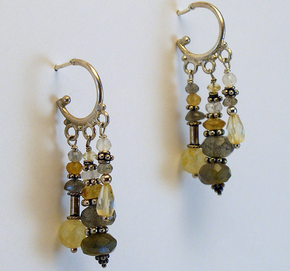 Labradorite, Citrine and Sterling Silver Earrings with Garnet and Rainbow Moonstone