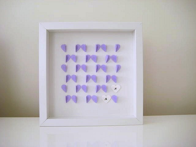 White Framed Custom Paper Work - Personalized Lilac and White Hearts - 3D Wedding Gift