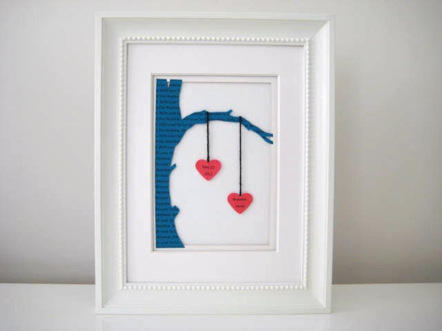 Personalized Birth Gift - Commemorate Tree and Red Hearts - 3D Paper Work - OOAK - White Framed