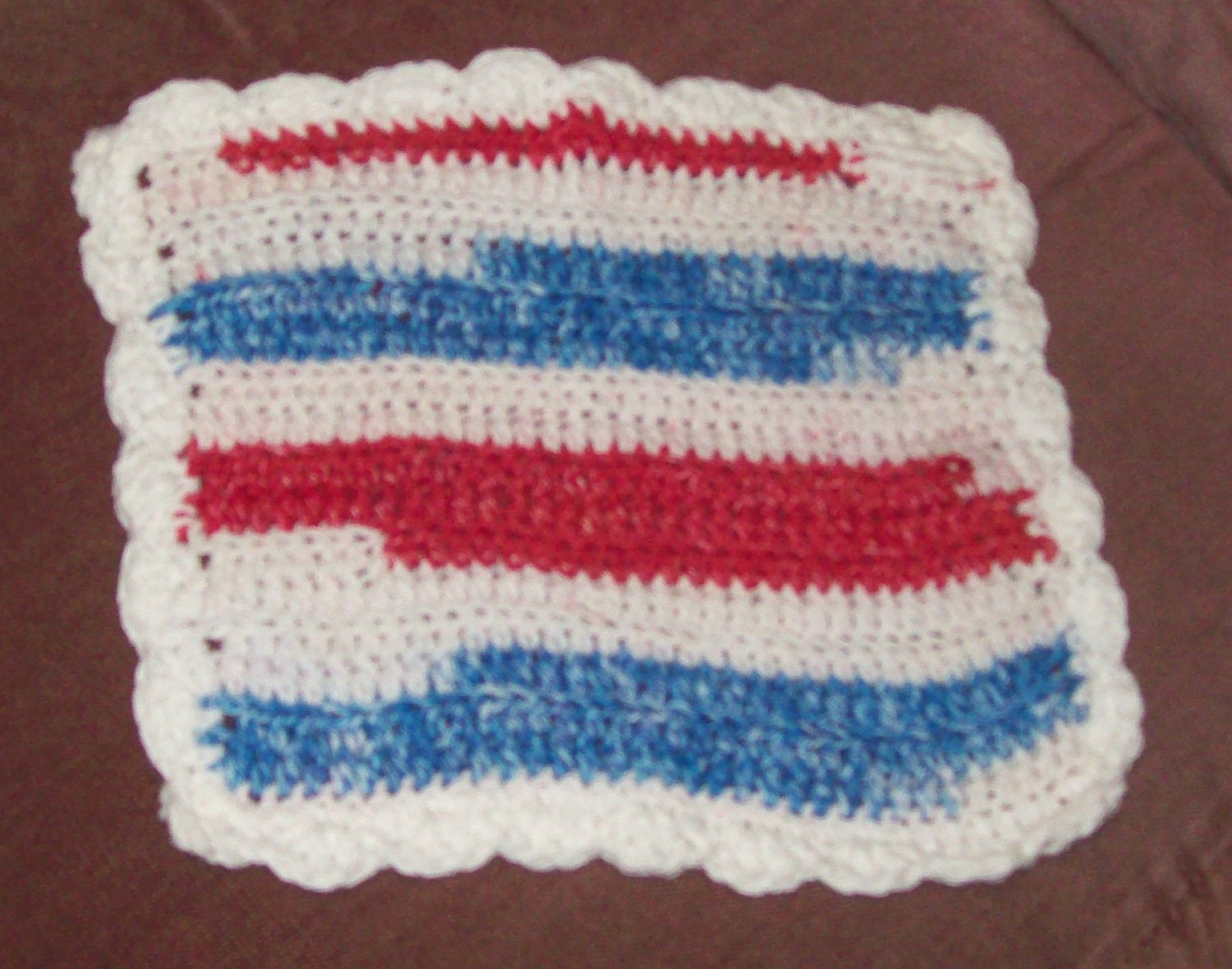Crochet Wash Cloth or  Dish Cloth in Red White Blue with White Trim
