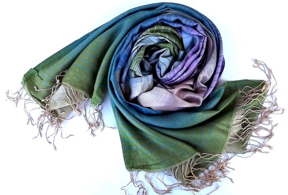 100% Silk Turqoise-Pink Stripes Scarf Traditional Textiled