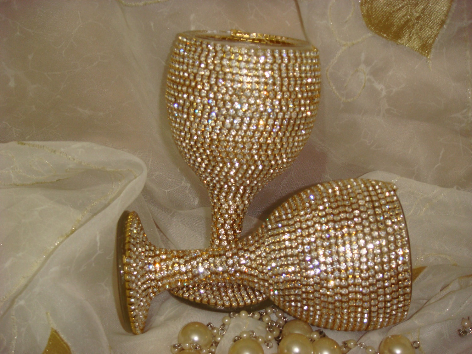 Custom designed handmade pair of golden wine glasses with Czech rhinestones