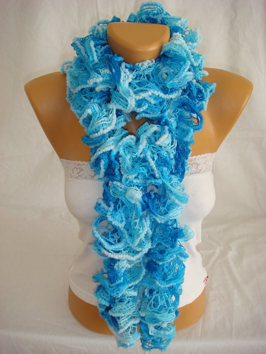 Hand knitted sky blue ruffled scarf
