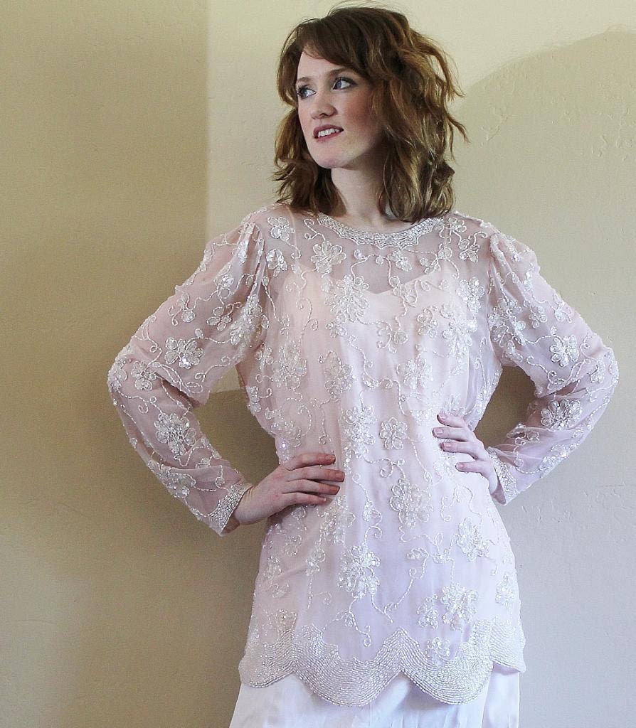 Vintage Beaded Dress. Sheer Light Pink Wedding or Cocktail Mini Dress