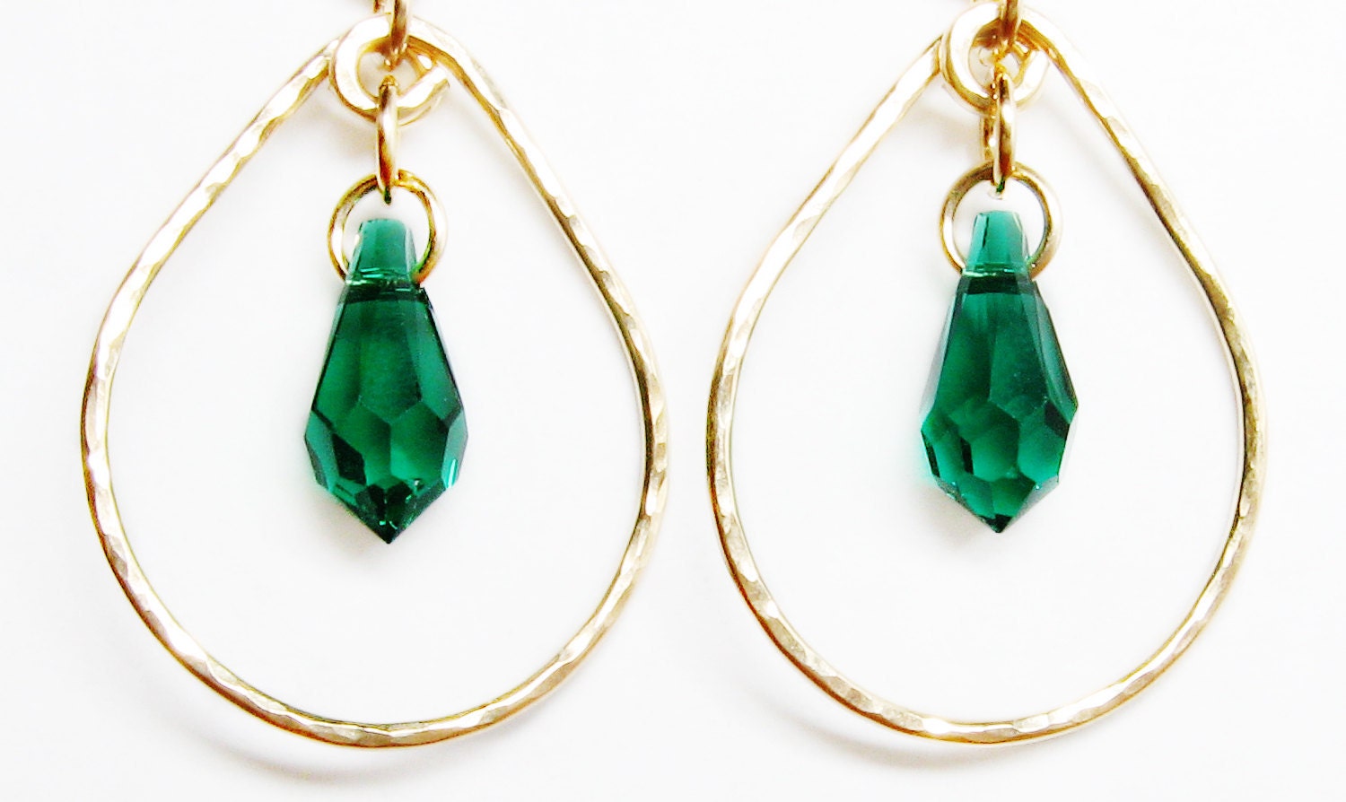 green Swarovski drop dangle earrings, hammered gold filled earrings