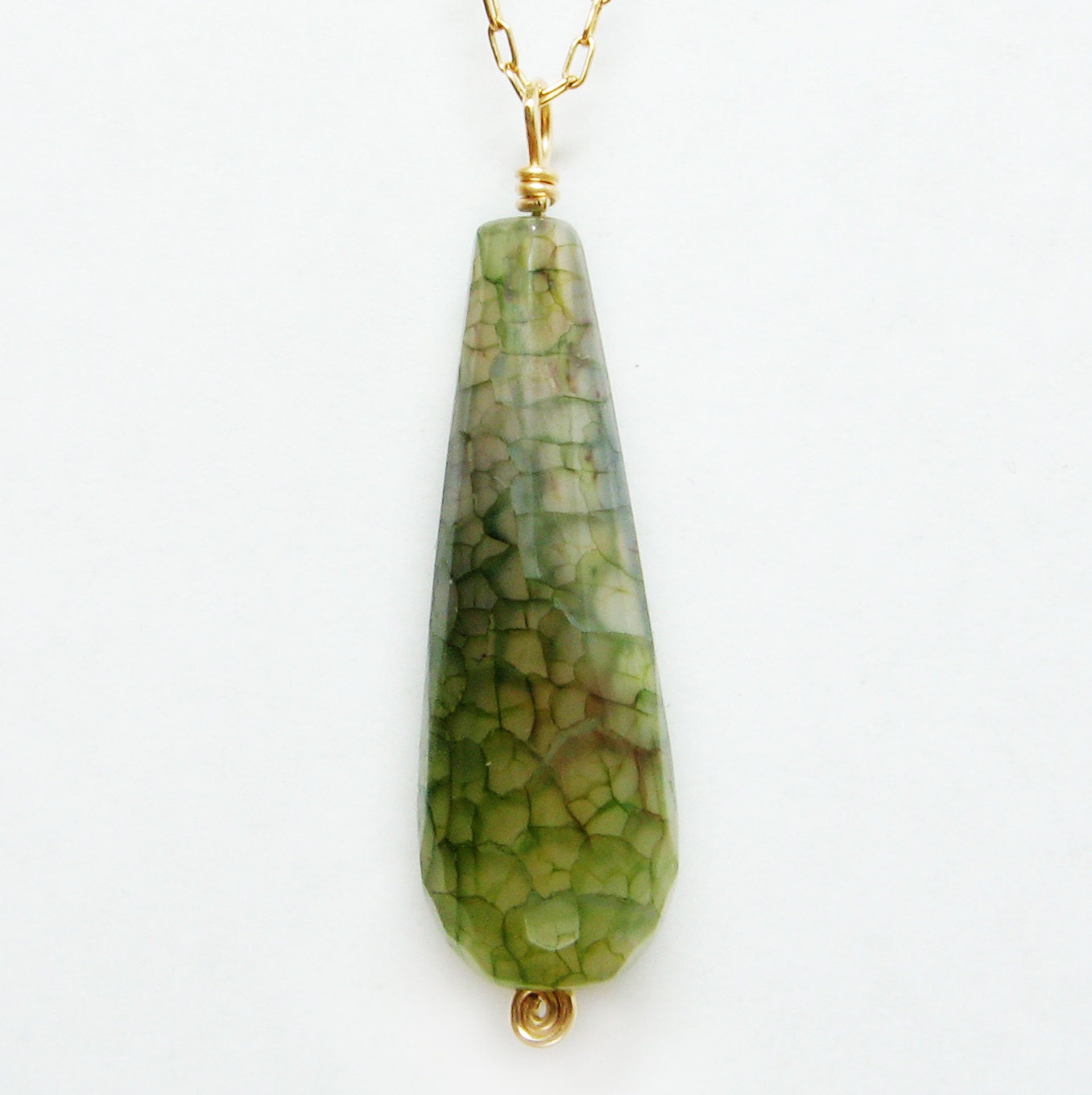 green teardrop agate pendant, short necklace with gold filled wire wrapped pendant