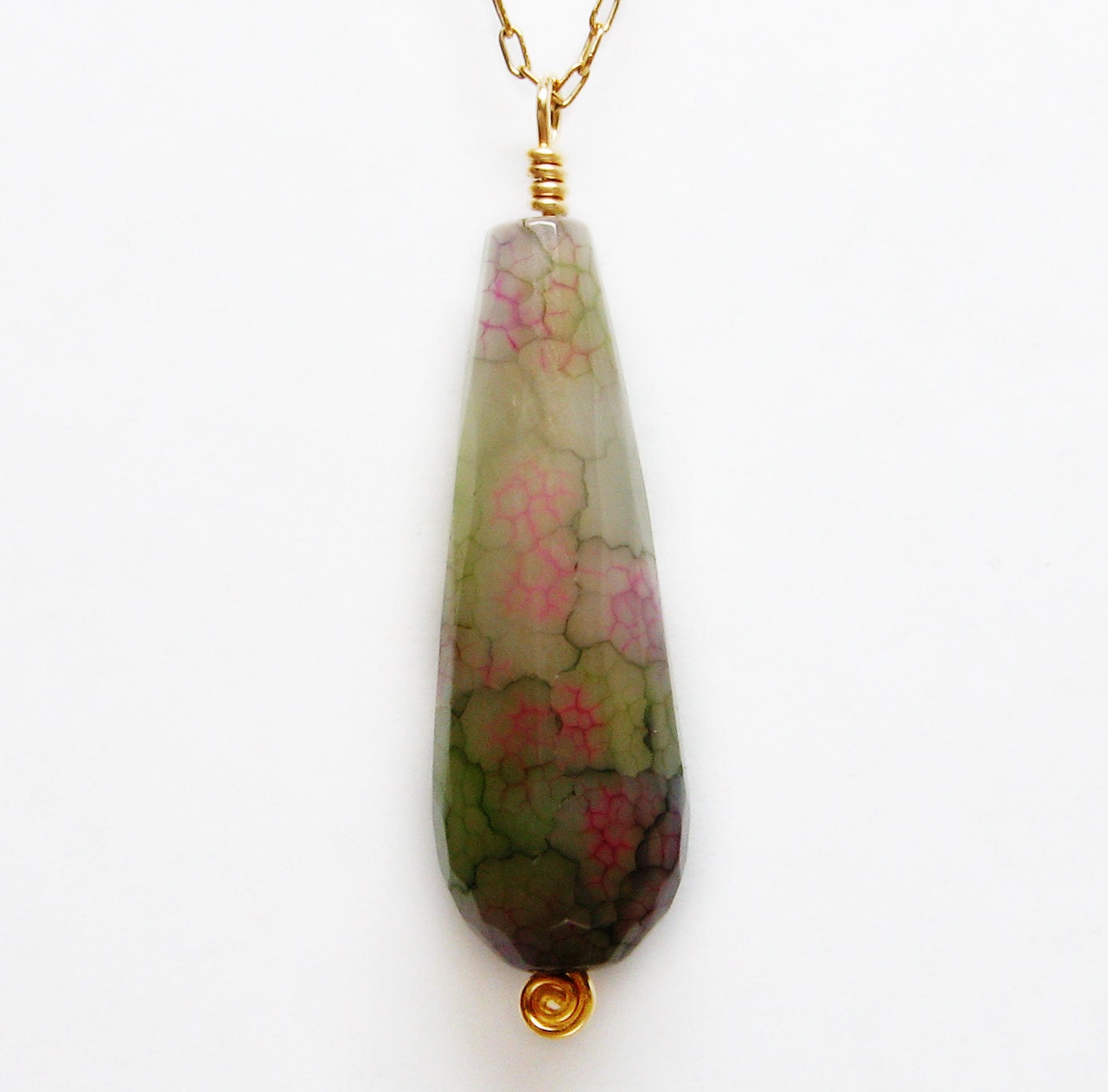 green and pink necklace, pink- green agate pendant, with gold filled wire wrapped