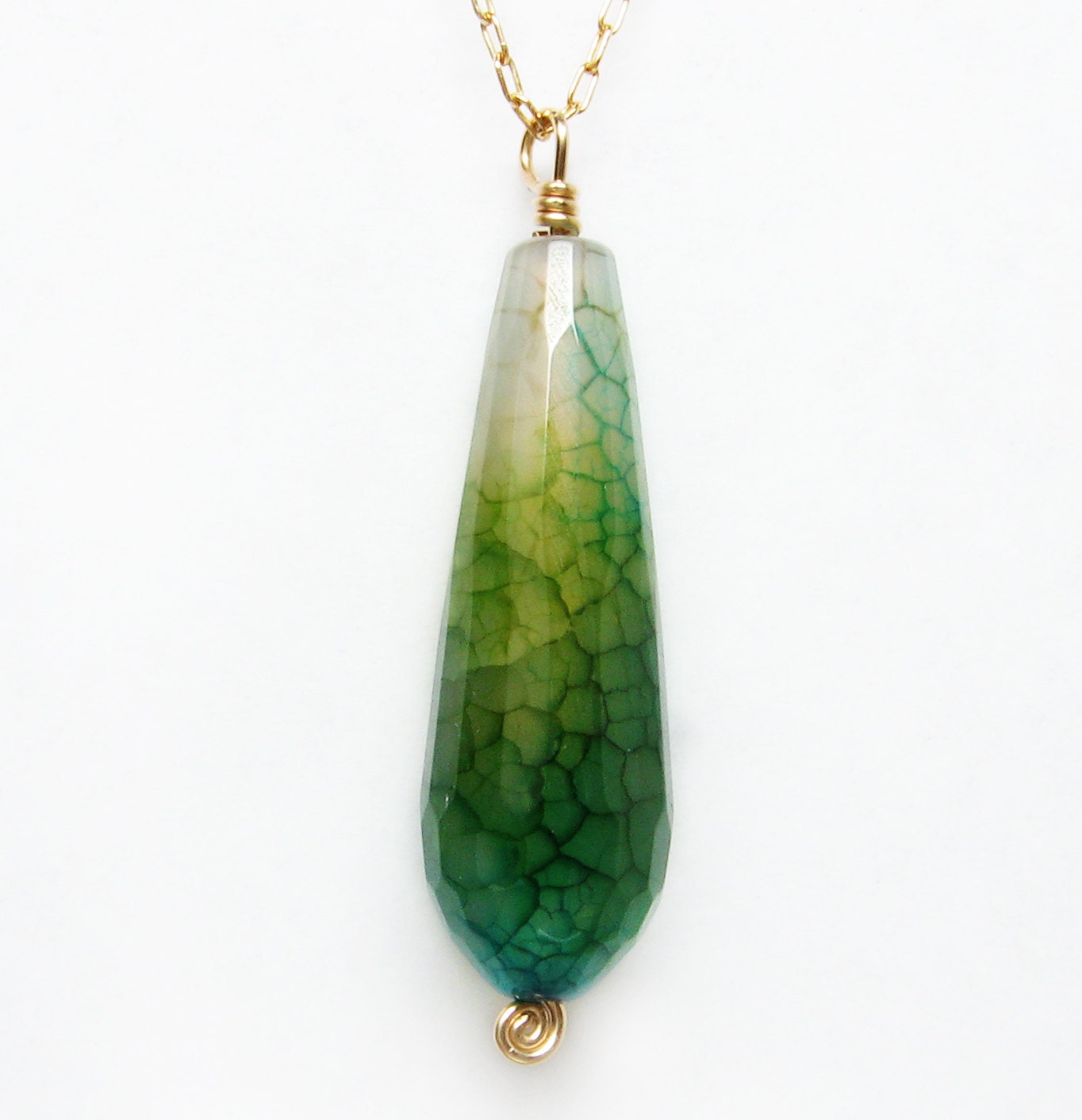 green blue necklace, green- blue agate pendant, with gold filled wire wrapped