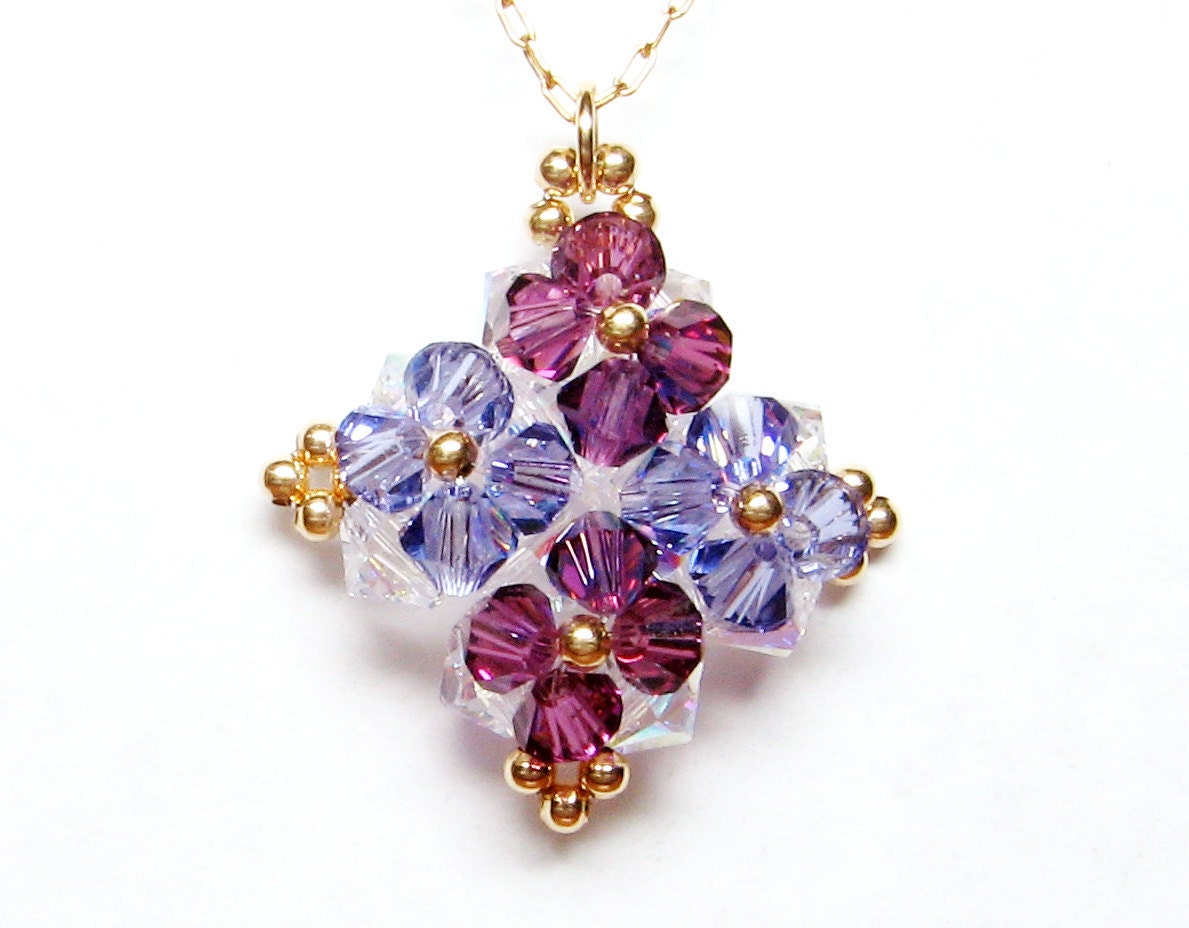purple flowers necklace, swarovski crystal pendant, with gold filled necklace - kessef