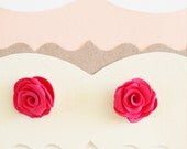 Pink rose earring, hot pink flower summer posts. Polymer clay stud earrings