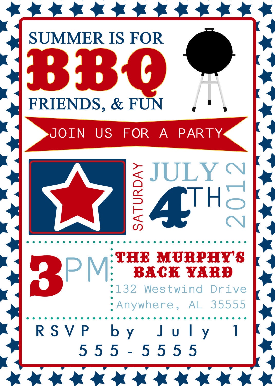 4th of July Typography Invitation. Stars, Red, White, & Blue. BBQ, Picnic, Party, Cookout, Pool Party