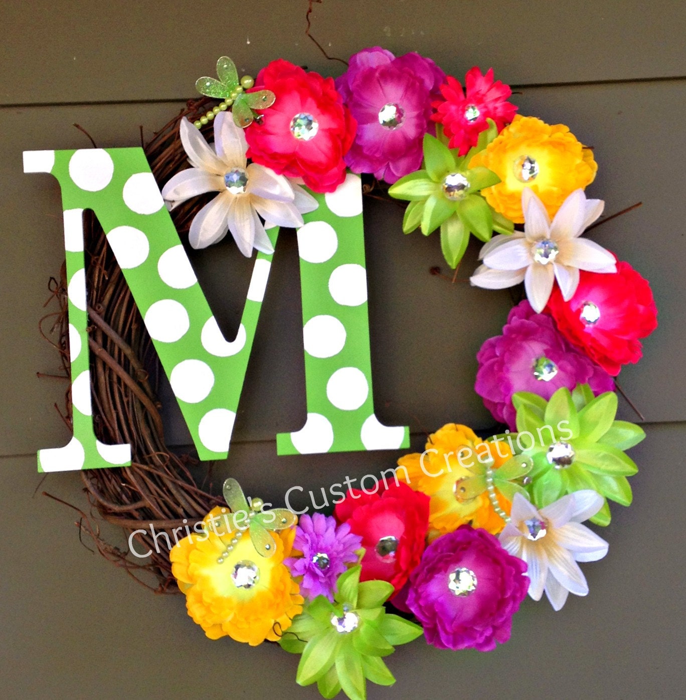 18 " Personalized Monogram Initial Wreath with rhinestone flowers and green polka dot initial. Great Summer Wreath