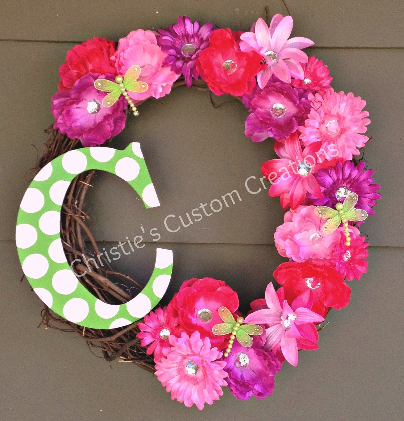 Summer Monogram Initial Wreath - 18 " Pink rhinestone flowers and Green polka dot letter - ANY COLOR