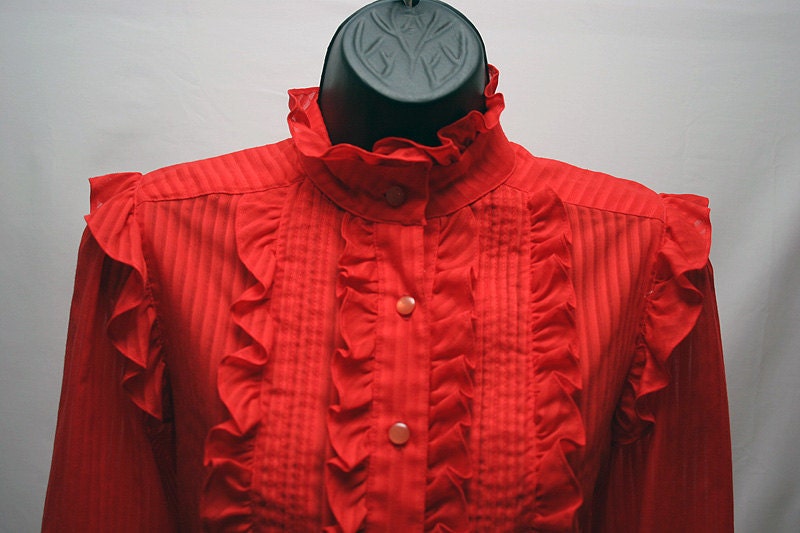 Women's Red Blouse with Ruffles Vintage Cotton Top Retro Western Shirt