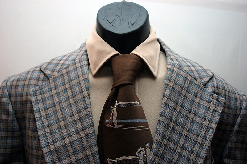 Men's Vintage Jacket Plaid Brown and Blue Size 44