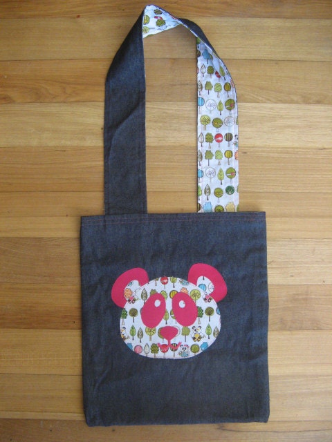 Blue Denim and Hot Pink Panda Applique Library/Tote Bag REVERSIBLE