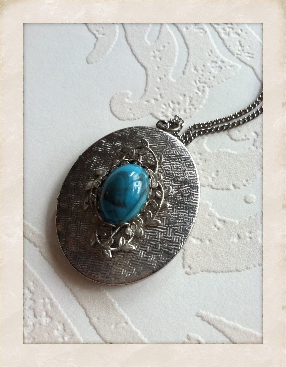 Locket Pendant with Turquoise Gem in Silver Tone and Chain Necklace
