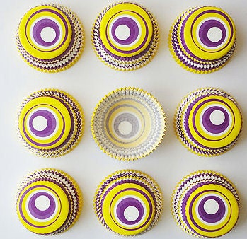 Free Ship, purple and yellow swirl cupcake liners, purple swirl baking cups, yellow cupcake cups, nut cups, swirly spiral cupcake liner