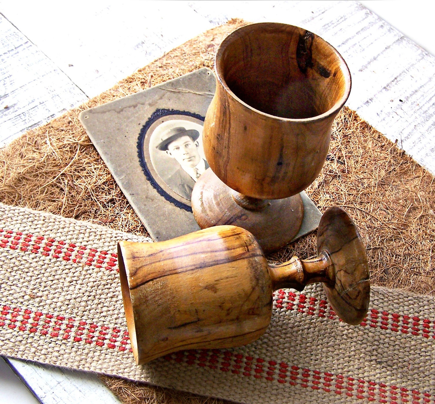 Vintage Olive Wood Stem Goblets Set of 2