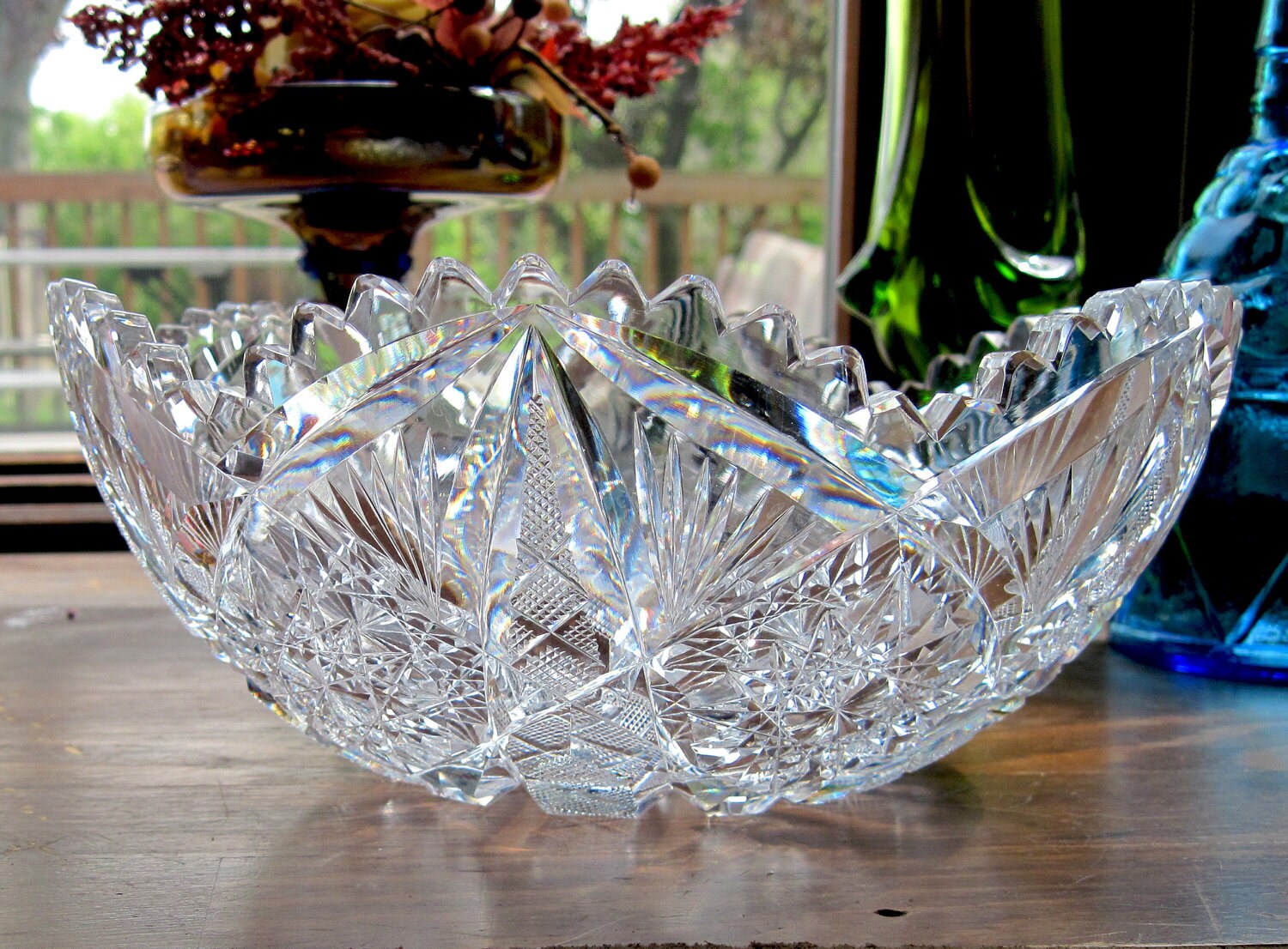 American Brilliant Period 9" Bowl or Dish, Hand Cut Lead Crystal, Clear Glass, 1930's Estate Find