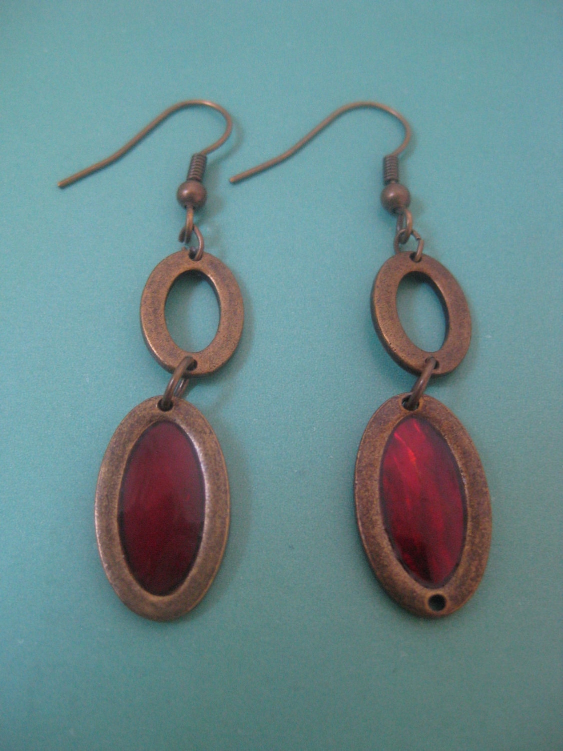Vintage oval red stained-glass window copper earrings