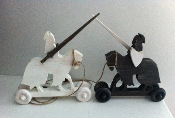 Pair of Black and White Knights on Horse Pull Toys - knight toys